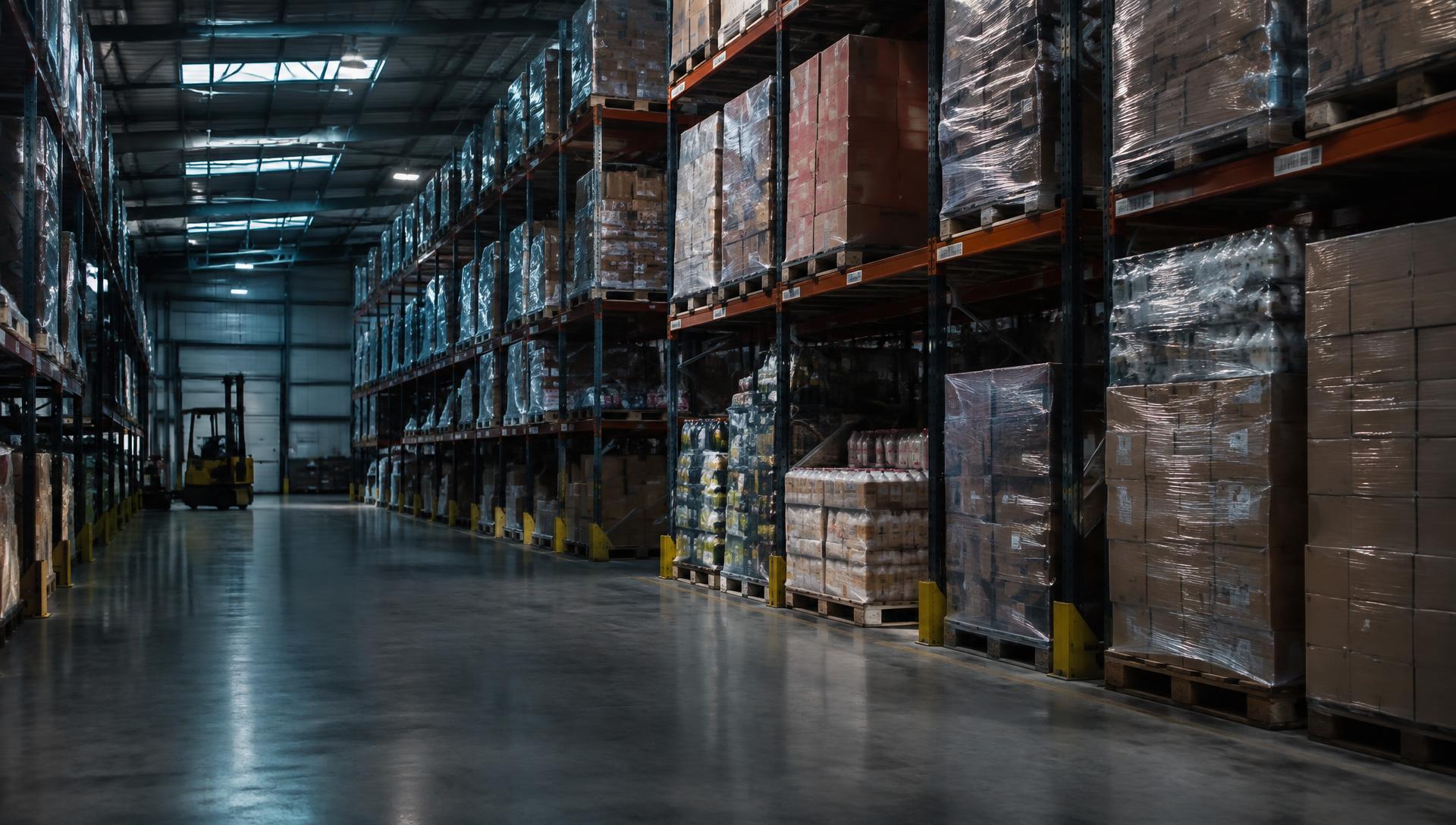 Warehouse racking stocked with pallets of wholesale goods